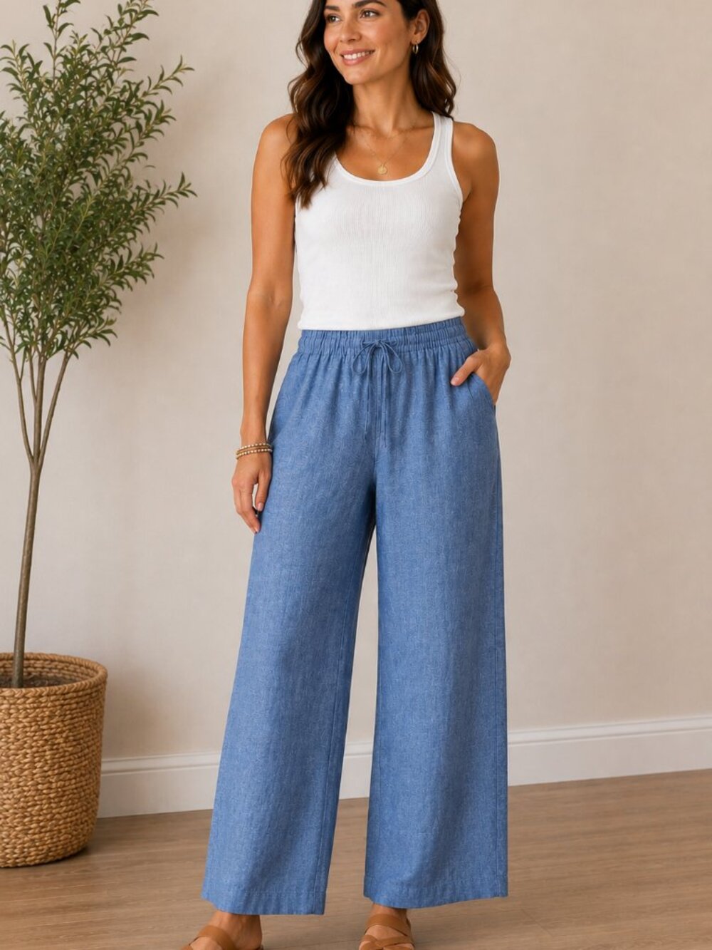 NWT Rachel Zoe Linen Blend Wide Leg Drawstring Pants Women's Large Blue - Picture 1 of 5